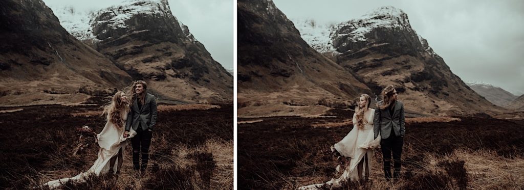 Portraits of the bride and groom holding hands and standing side by side in the valley
