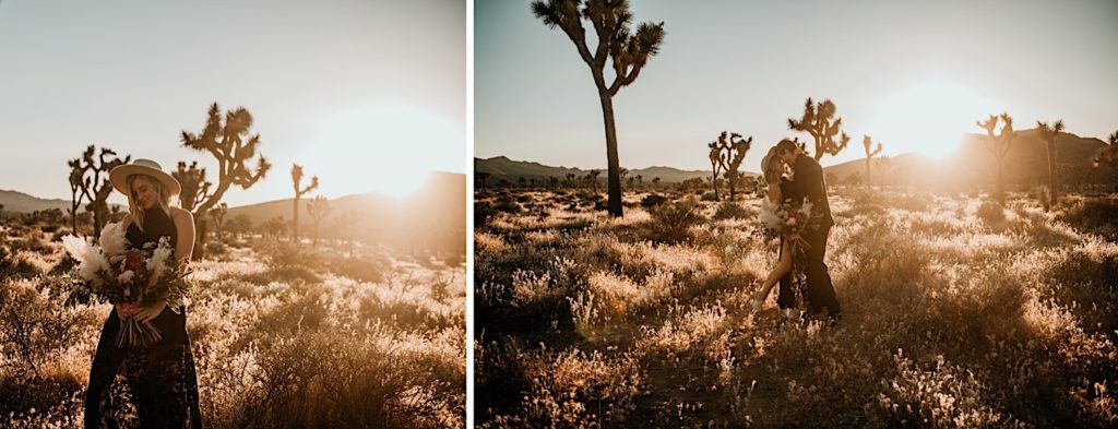 Photos of the bride and the bride and groom taken at a Joshua tree elopement