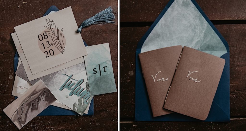 Photos of the invitation suite and vow books taken at an elopement in Tulum Mexico
