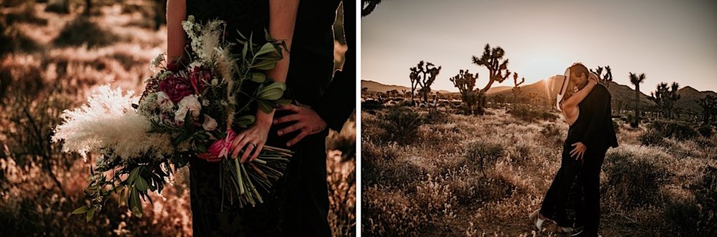 Photos of the bride and groom taken at a Joshua tree elopement