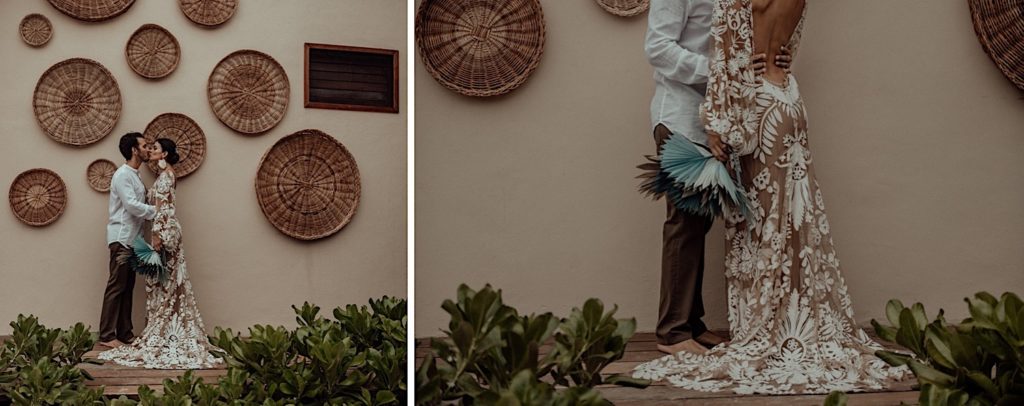 Photos of the bride and groom hugging and holding a blue palm lead bouquet taken at an elopement in Tulum Mexico