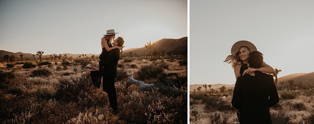 Photos of the groom picking up the bride and twirling taken at a Joshua tree elopement