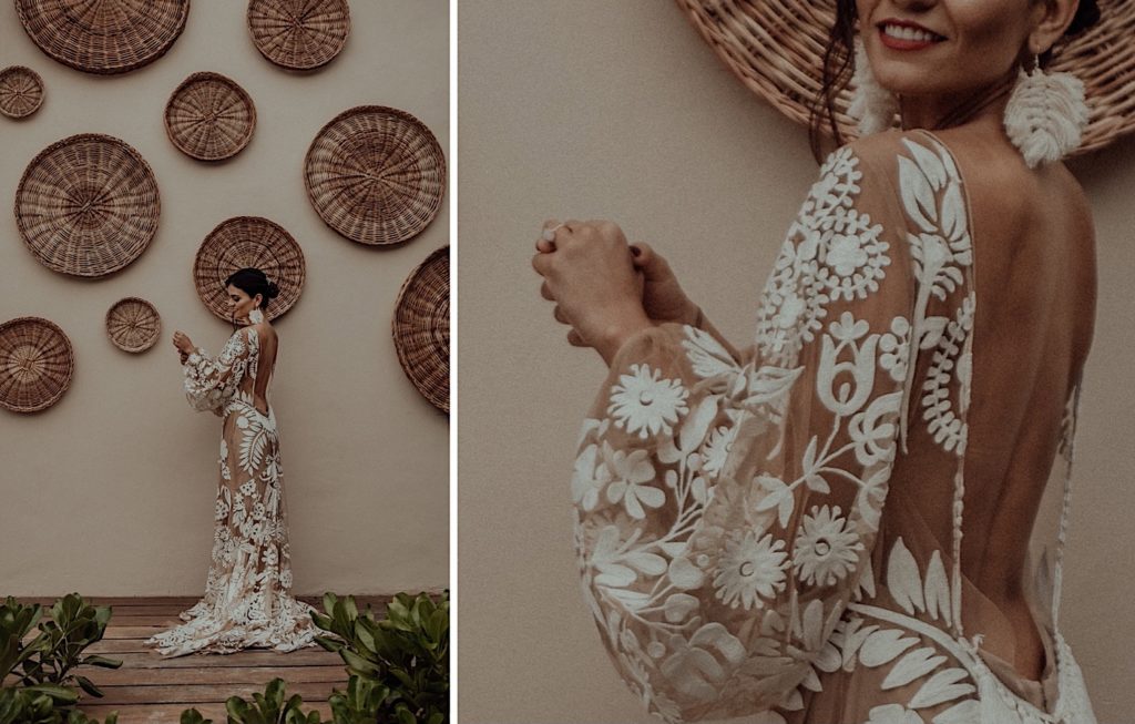 Photo of the bride in front of a basket wall taken at an elopement in Tulum Mexico
