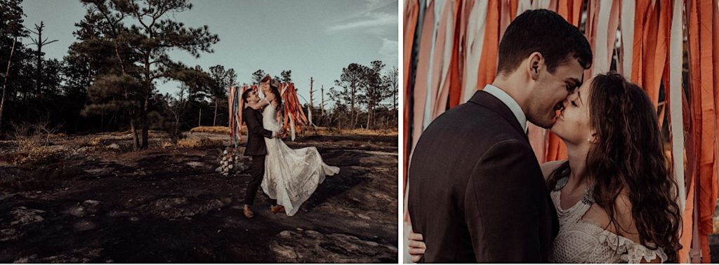 Photos of the bride and groom kissing and groom twirling the bride taken at an arabia mountain elopement