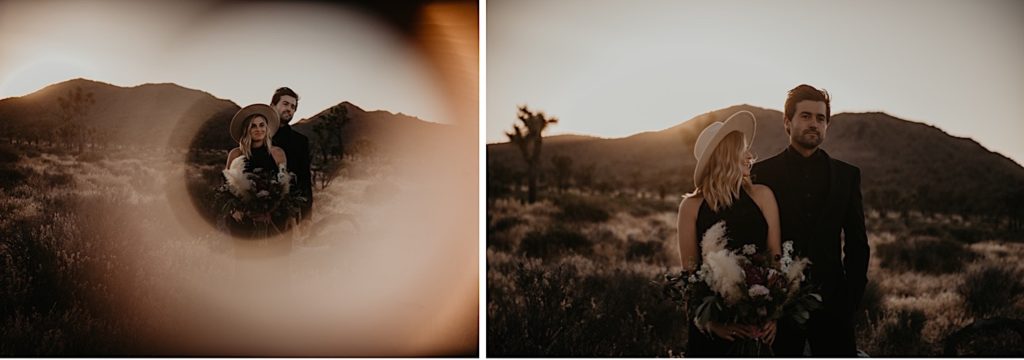 Portraits of the bride and groom standing next to each other taken at a Joshua tree elopement