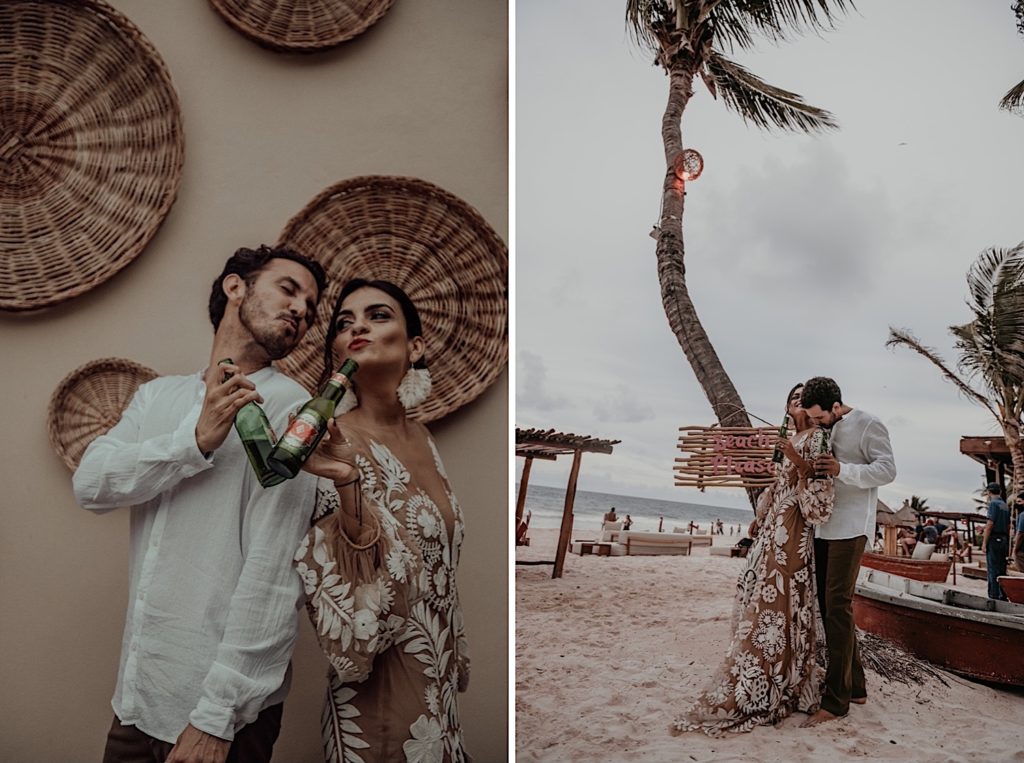 Photos of the bride and groom clinking beer bottles on the beach taken at an elopement in Tulum Mexico