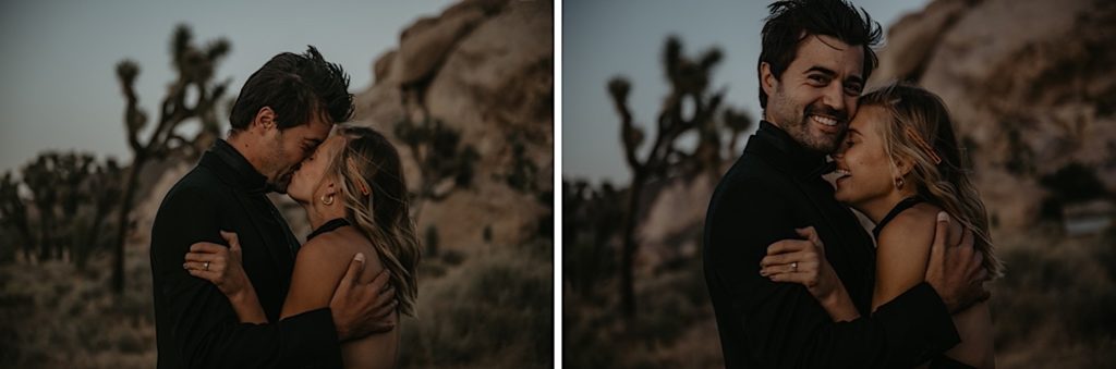 Photos of the bride and groom smiling and kissing taken at a Joshua tree elopement