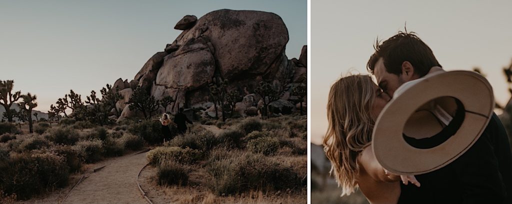Photo of the bride and groom walking and kissing with bride throwing her hat towards the camera taken at a Joshua tree elopement