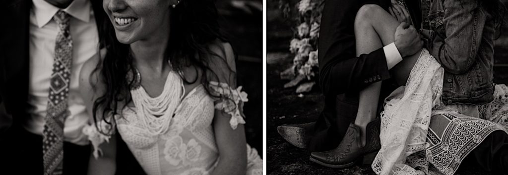 black and white photos of bride and groom sitting on the ground at an arabia mountain elopement