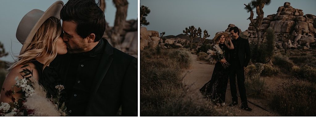 Photo of the bride and groom kissing taken at a Joshua tree elopement