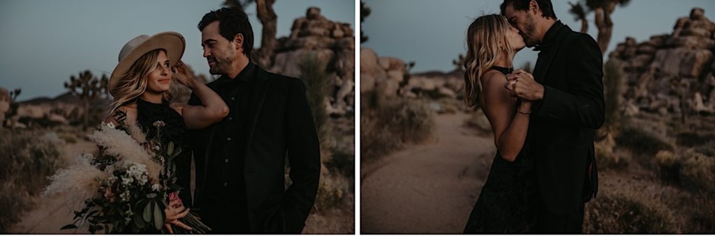 Photo of the bride and groom holding hands and kissing taken at a Joshua tree elopement