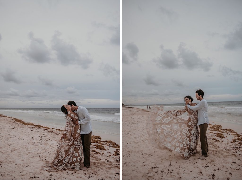 Photo of the groom hugging the bride on the beach taken at an elopement in Tulum Mexico