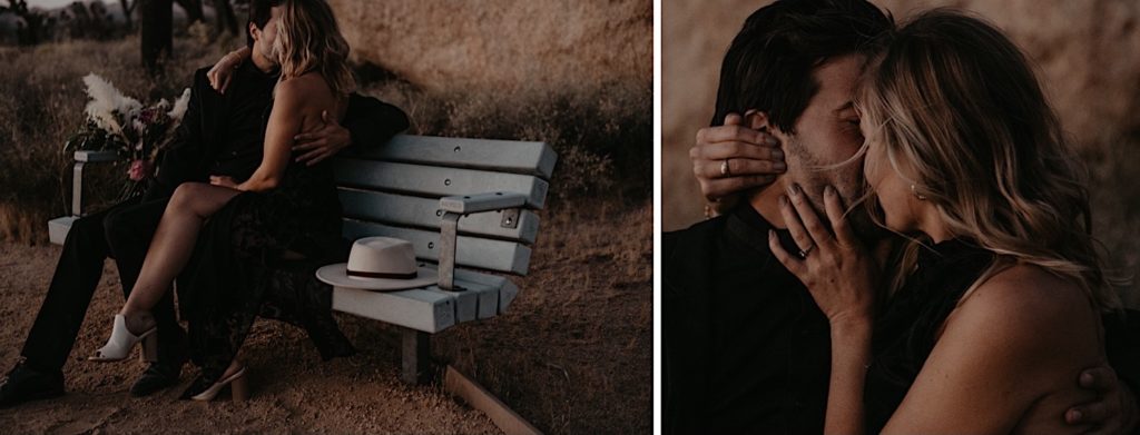 photo of the bride and groom sitting on a bench and kissing taken at a Joshua tree elopement