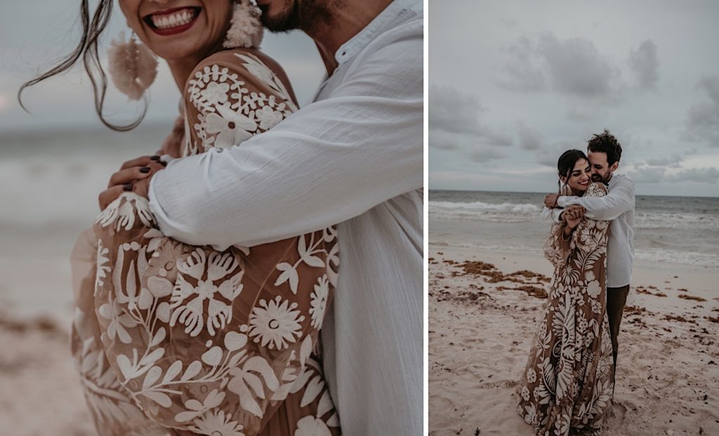 Photo of the groom kissing the bride on the cheek taken on the beach at an elopement in Tulum Mexico