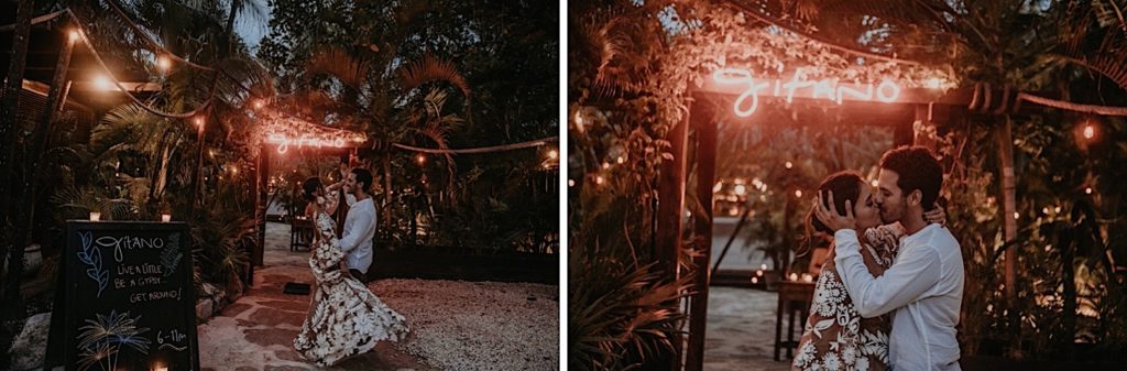 Photo of the bride and groom twirling and kissing taken in front of the guitano restaurant at an elopement in tulum 