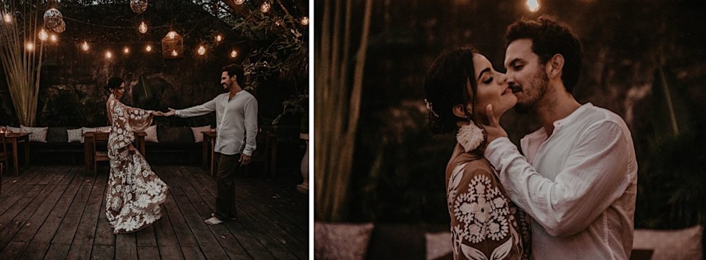 Photos of the bride and groom dancing at the restaurant taken at an elopement in Tulum Mexico