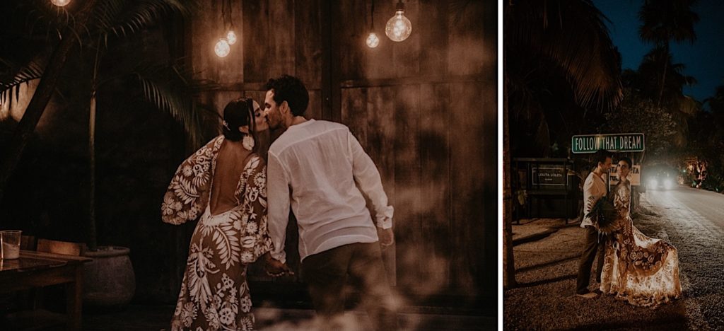 Photo of the bride and groom kissing and in front of the follow that dream sign taken at an elopement in Tulum Mexico
