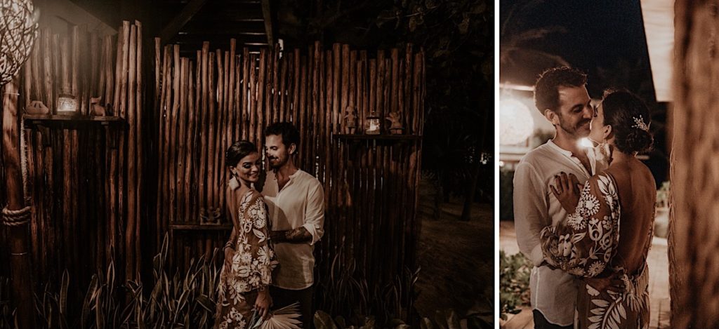 Photos of the bride and groom smiling at each other taken at an elopement in Tulum Mexico