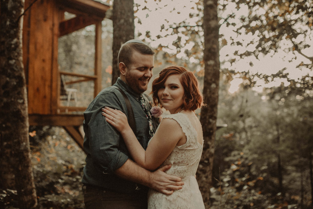 bride and groom portrait taken at a cabin elopement in blue ridge georgia