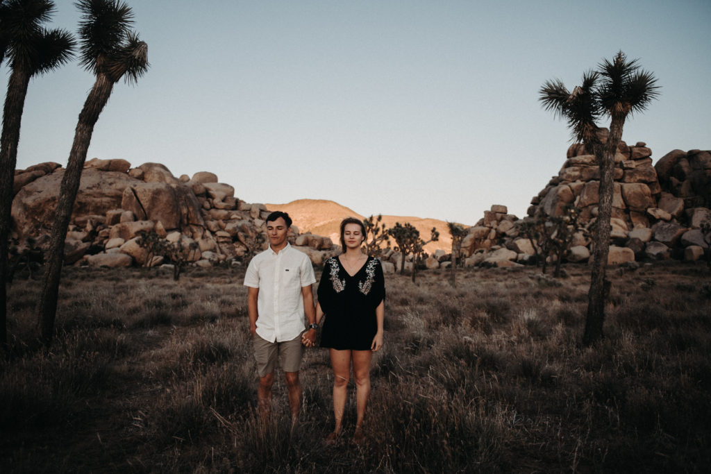 Couple holding hands and standing in the park at Joshua tree National park in California