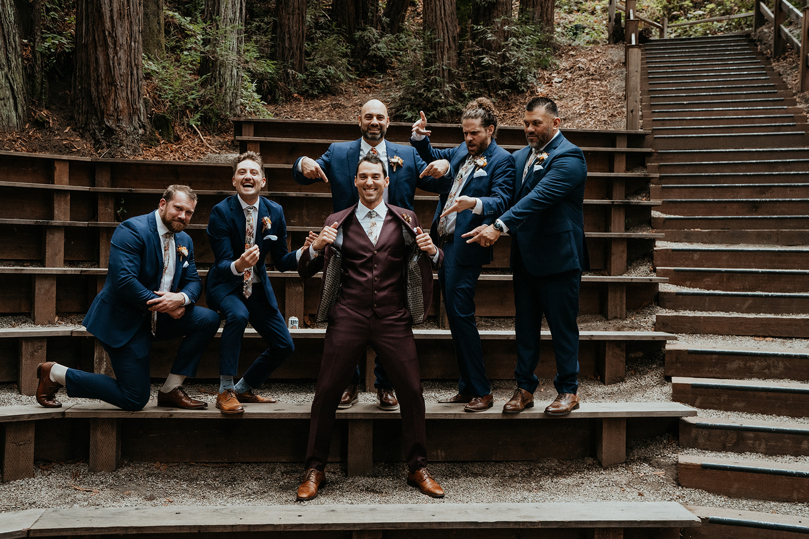 Groom and groomsmen photos from a fall redwood forest California wedding at Kennolyn Camps
