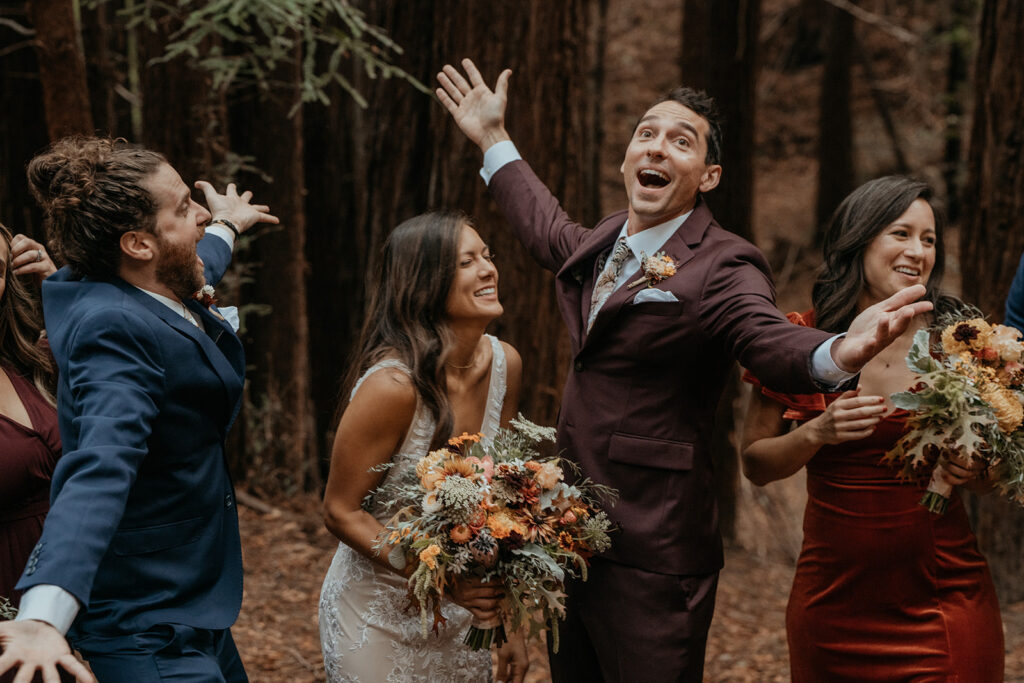 Wedding party photos from a fall redwood forest California wedding at Kennolyn Camps