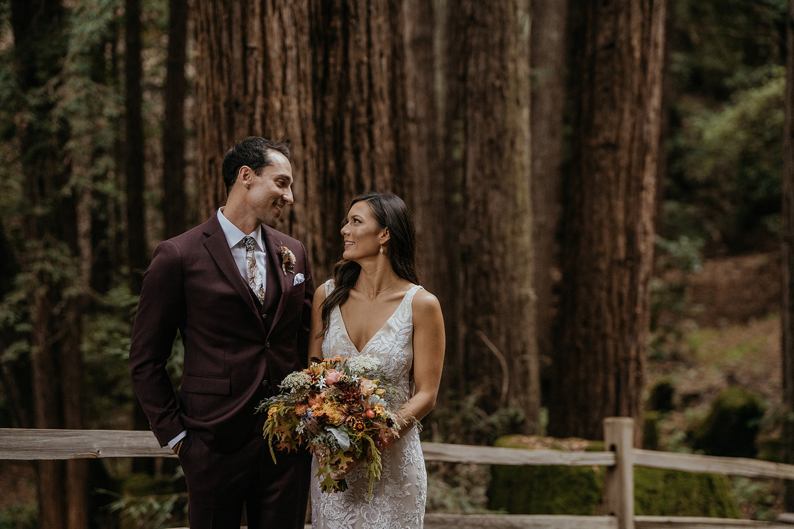 Bride and groom portraits from a fall California Redwood forest California wedding