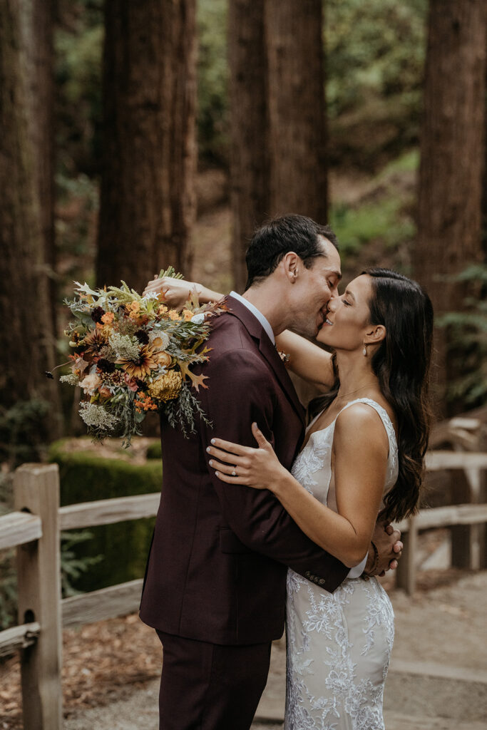 Bride and groom portraits from a fall redwood forest California wedding at Kennolyn Camps