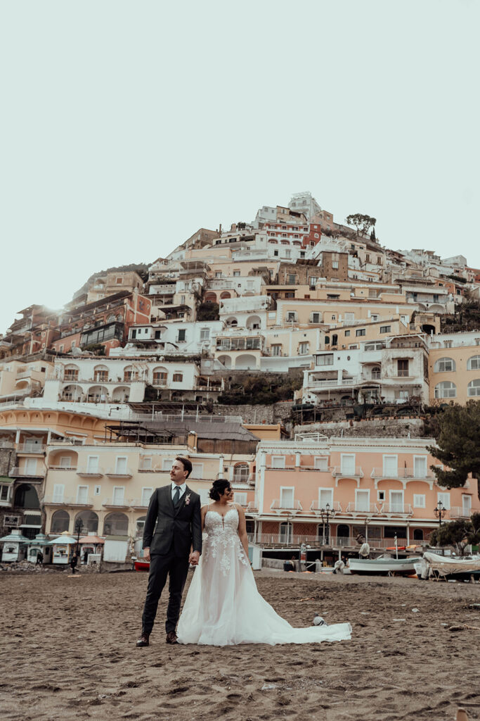 Bride and groom portraits from a Positano elopement in Italy on the beach