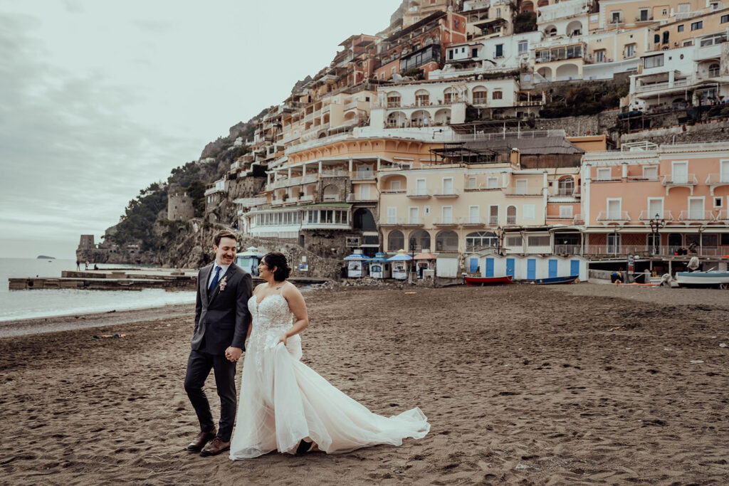 Bride and groom portraits from a Positano elopement in Italy on the beach