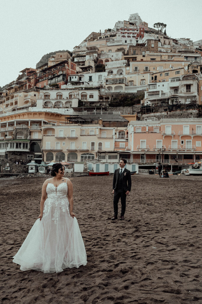 Bride and groom portraits on the beach from a Positano elopement in Italy