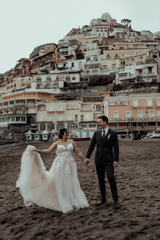 Bride and groom portraits on the beach from a Positano elopement in Italy
