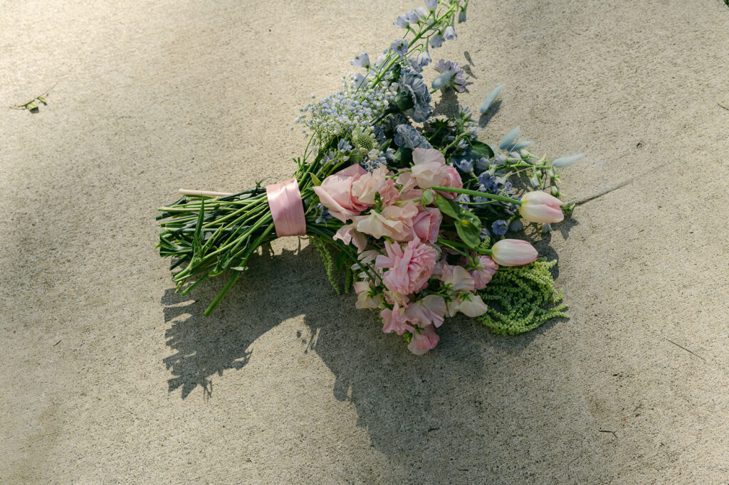 Pink and blue wedding flower bouquet