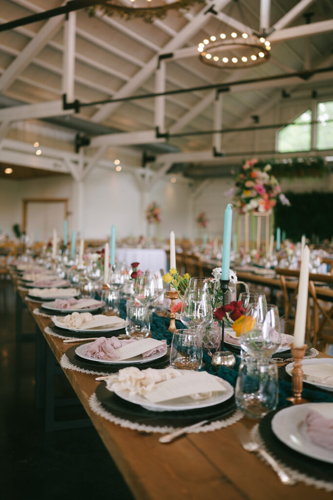 Indoor spring Meadows at Mossy Creek wedding reception details