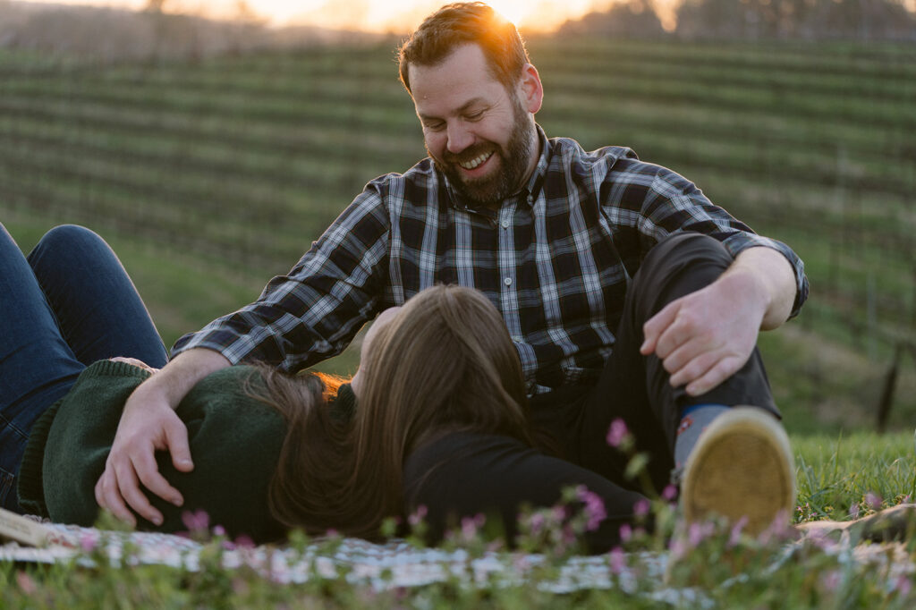 fiance looking at his fiance during their engagement photoshoot