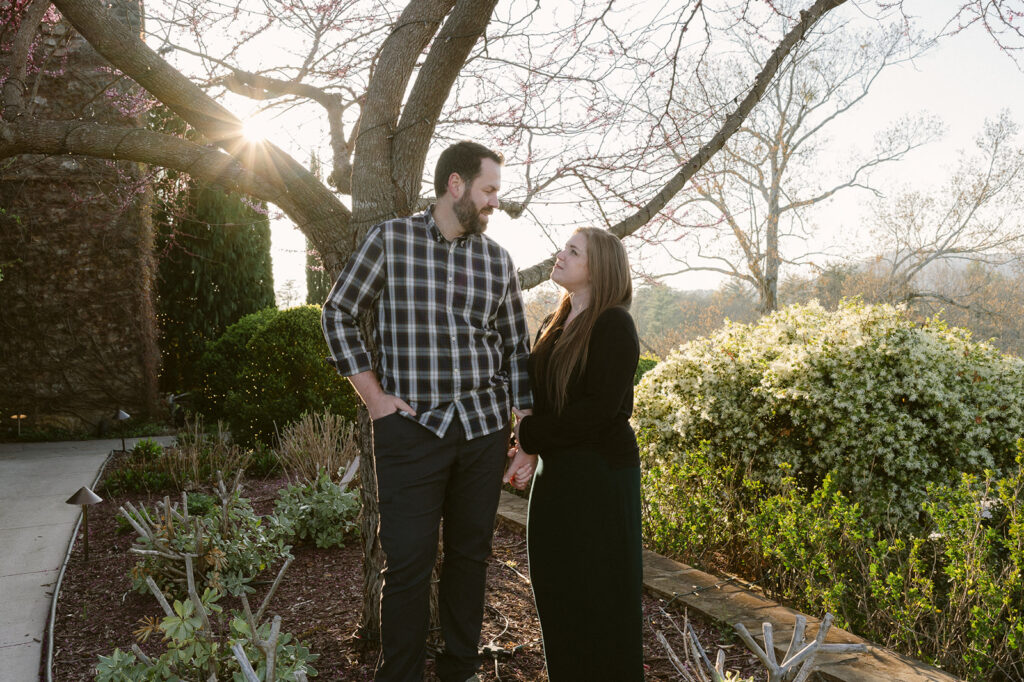 golden hour portrait of the newly engaged couple