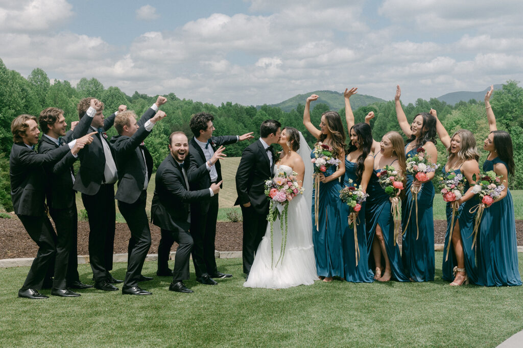 bride and groom with their friends before the wedding ceremony