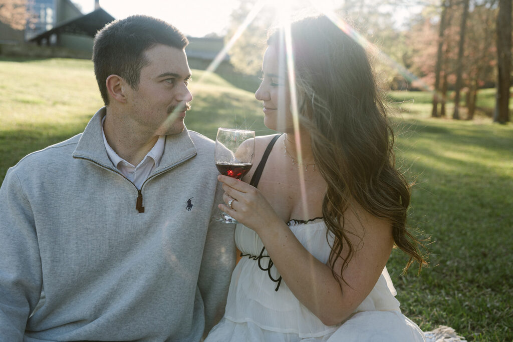 golden hour portrait of the newly engaged couple