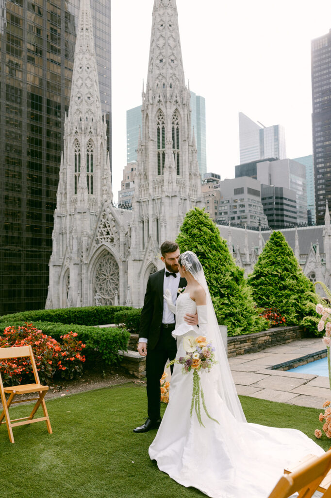 portrait of the bride and groom at their colorful wedding