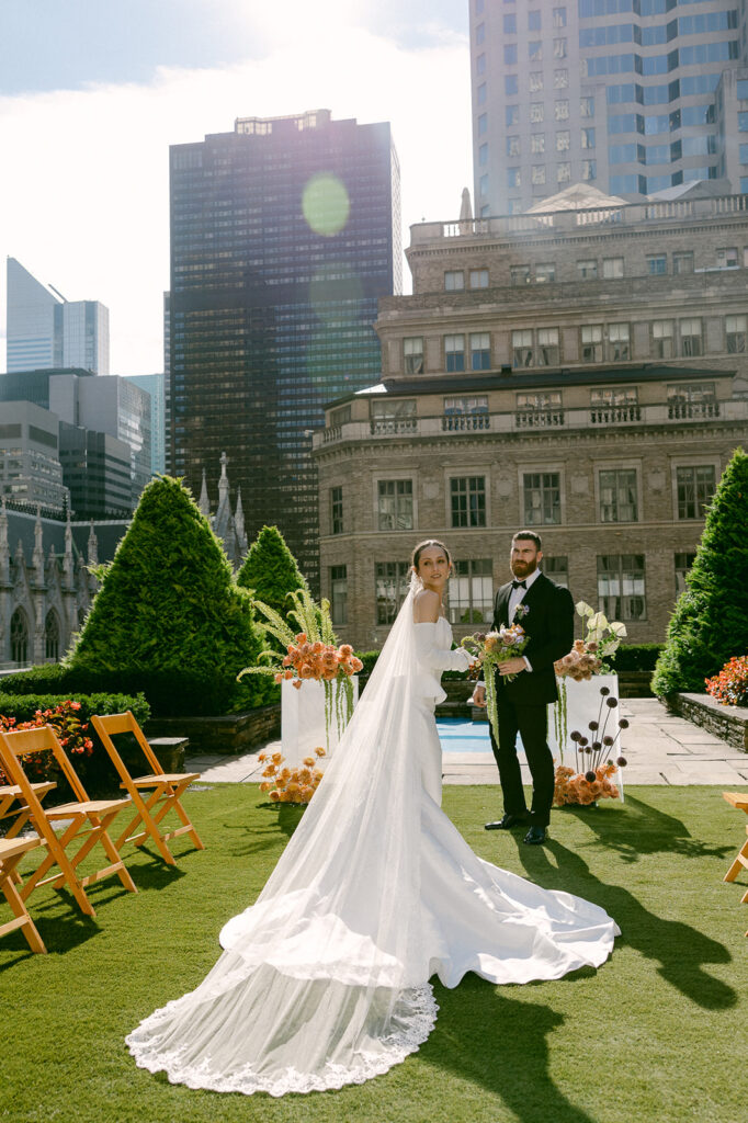 golden hour portrait of the bride and groom