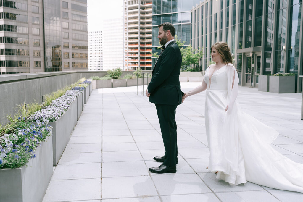 bride and groom first look