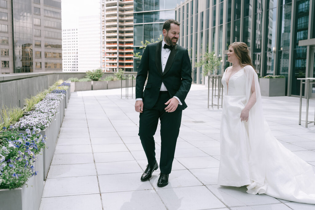 bride and groom during their first look