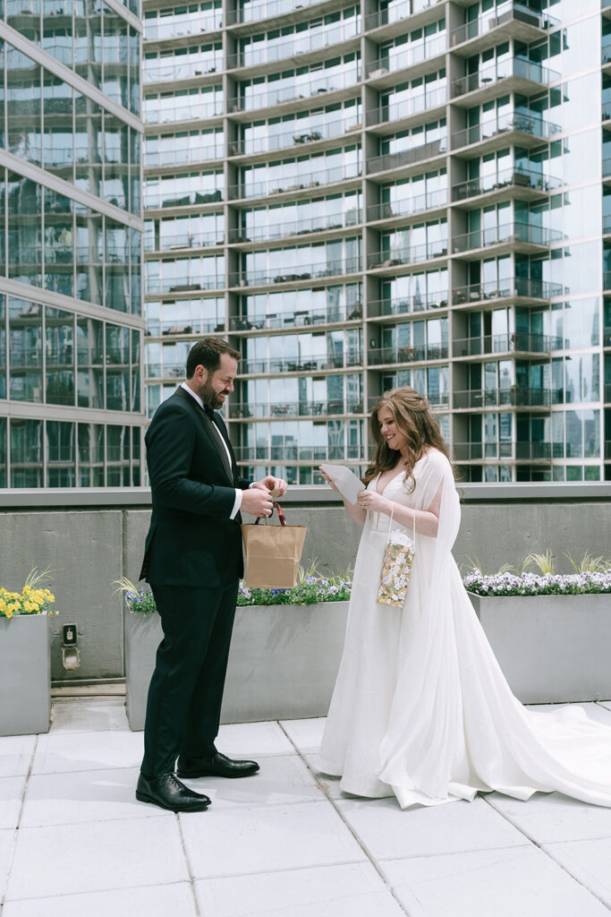 bride and groom exchanging their wedding gifts