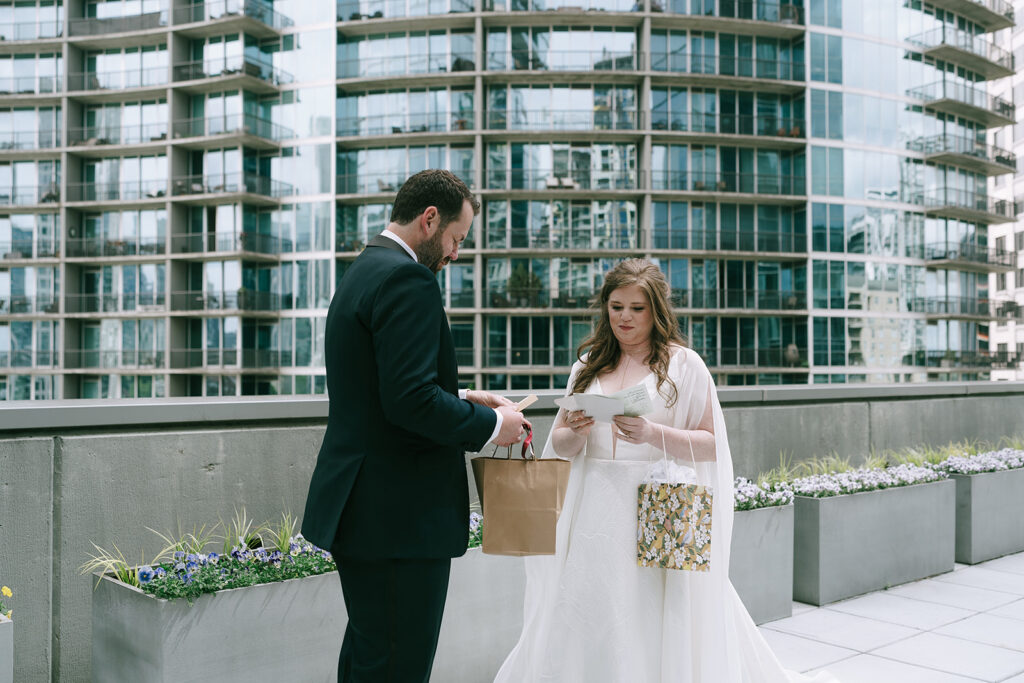 bride and groom seeing their wedding gifts