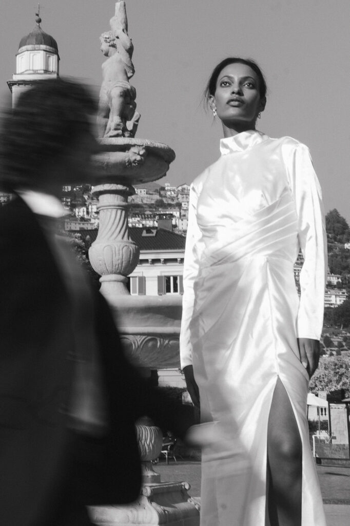 b&w portrait of the newly engaged couple in lake como