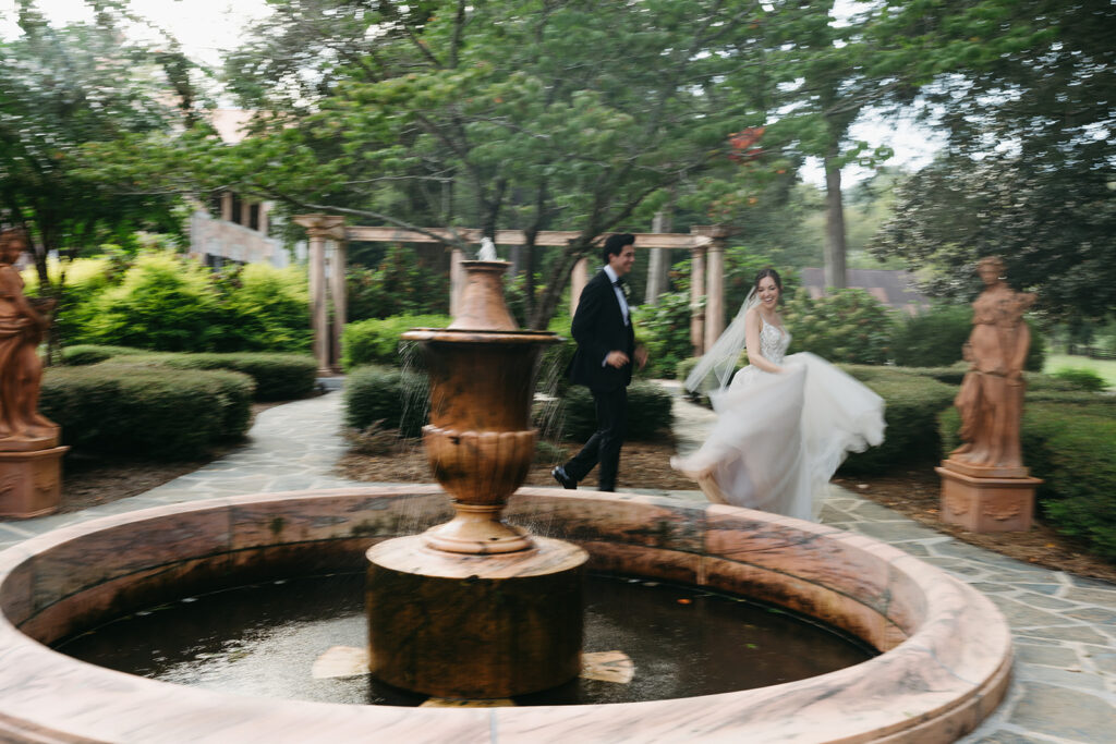 bride and groom walking around the wedding venue 