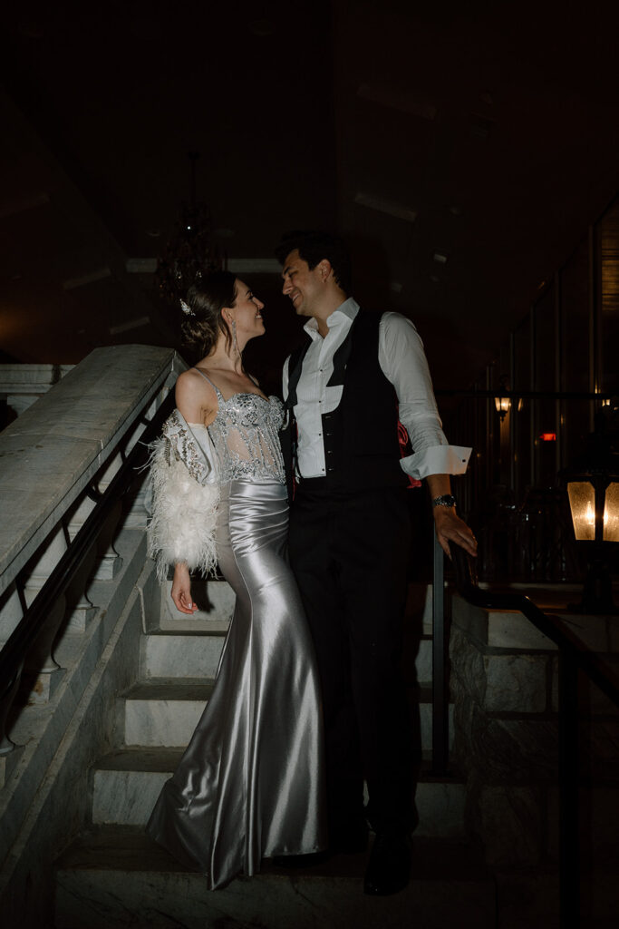 bride and groom looking at each other 