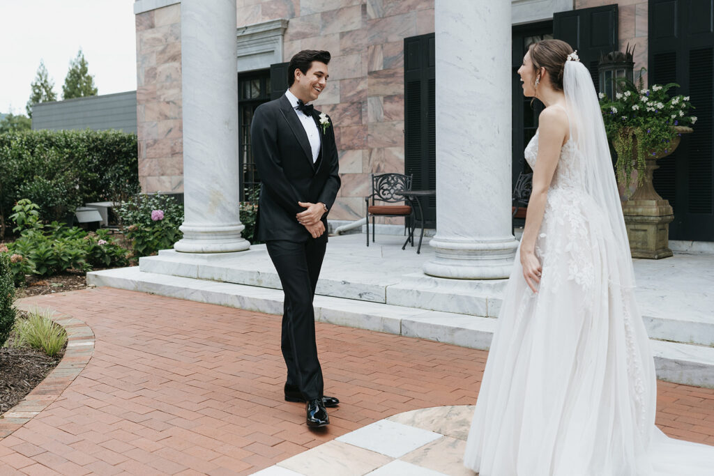 bride and groom first look