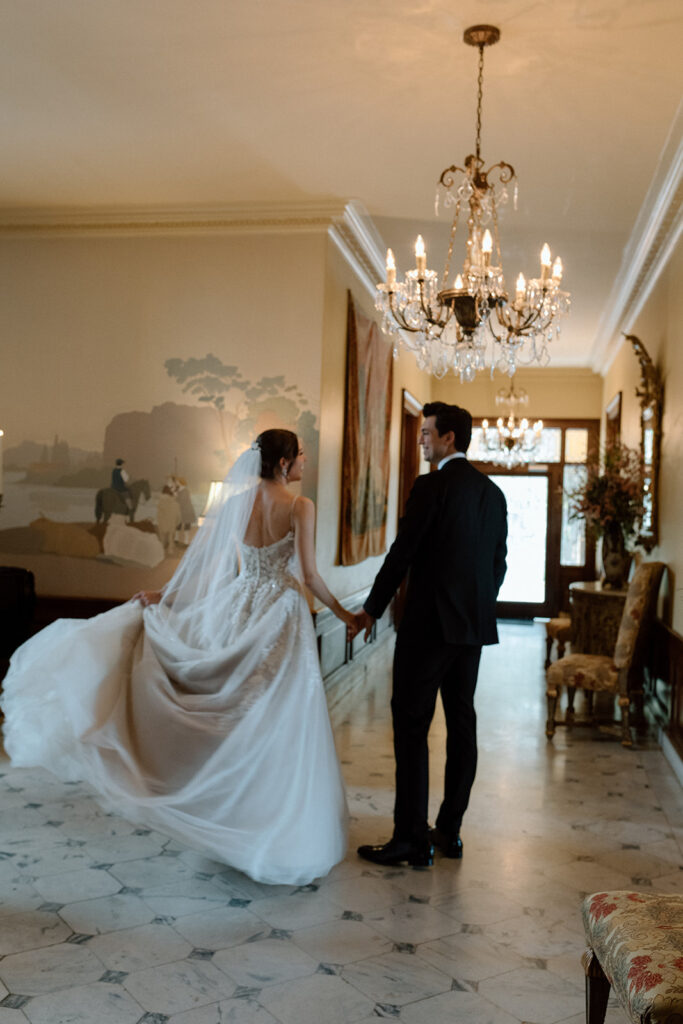 bride and groom heading to their old money wedding ceremony