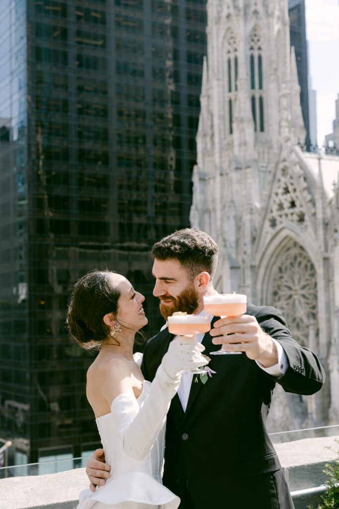 bride and groom having a drink 